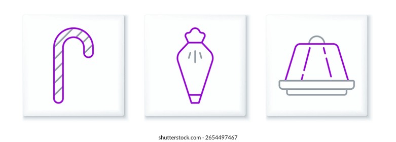 Set line Pudding custard, Christmas candy cane and Pastry bag icon. Vector