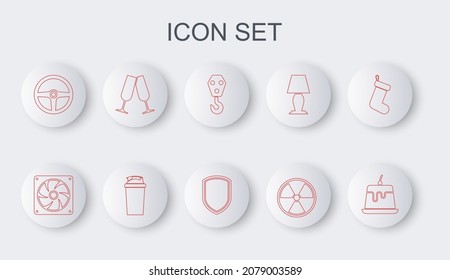 Set line Pudding custard, Computer cooler, Industrial hook, Radioactive, Steering wheel, Glasses of champagne, Fitness shaker and Shield icon. Vector
