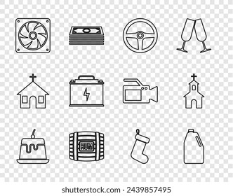 Set line Natillas de pudín, Botella de productos químicos para el hogar, Volante, Cañón de madera con ron, Refrigerador de computadora, Batería de coche, Calcetín de Navidad e Icono de la construcción de la iglesia. Vector