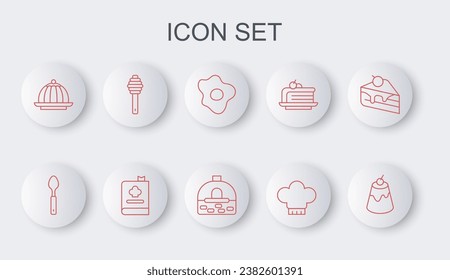 Set line Pudding custard, Spoon, Scrambled eggs, Chef hat, Honey dipper stick, Cookbook and Brick stove icon. Vector