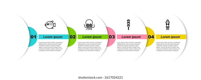 Set line Puffer fish, Octopus, Takoyaki on a stick and . Business infographic template. Vector