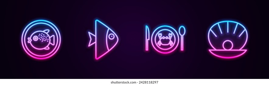 Set line Puffer fish on a plate, Fish, Served crab and Shell with pearl. Glowing neon icon. Vector