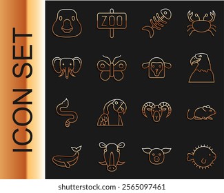 Set line Puffer fish, Rat, Eagle head, Fish skeleton, Butterfly, Elephant, Goose bird and Sheep icon. Vector