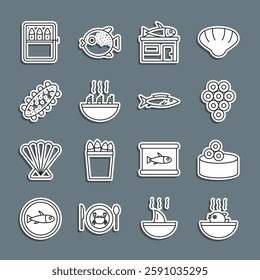 Set line Puffer fish soup, Tin can with caviar, Caviar, Seafood store, Soup shrimps, cucumber, Canned and Fish icon. Vector