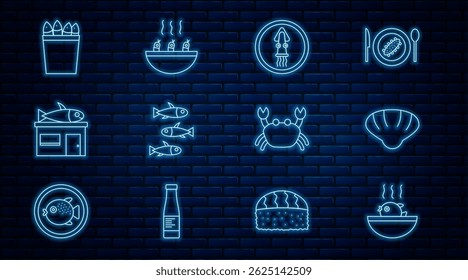 Set line Puffer fish soup, Scallop sea shell, Octopus on plate, Fishes, Seafood store, Fishing bucket with fishes, Crab and Soup shrimps icon. Vector