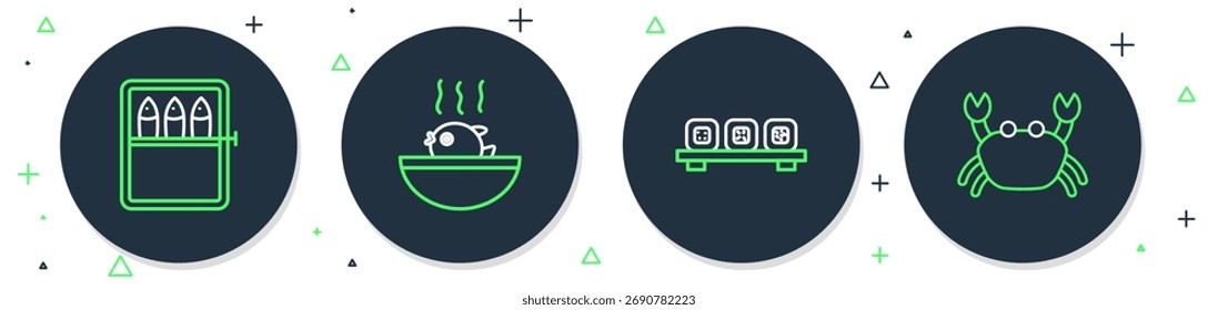 Definir linha Puffer sopa de peixe, Sushi na prancha de corte, enlatados e ícone Caranguejo. Vetor