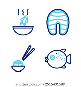 Set line Puffer fish, Sushi, Fish steak and Soup with octopus icon. Vector
