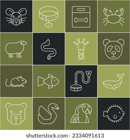 Set line Puffer fish, Whale, Cute panda face, Dog bone, Snake, Sheep, Rat head and Giraffe icon. Vector