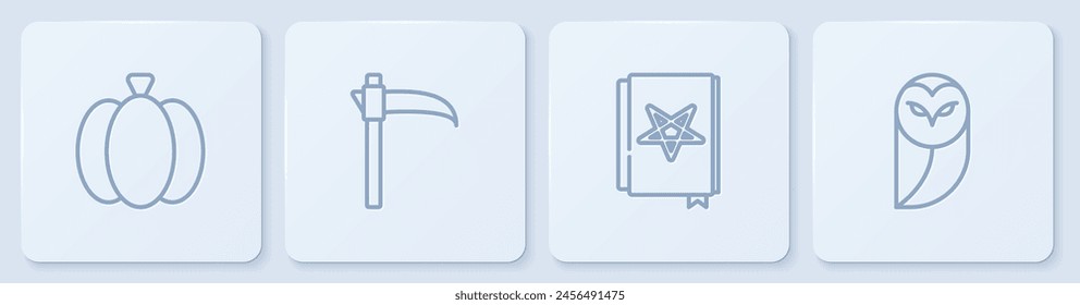 Set line Pumpkin, Ancient magic book, Scythe and Owl. White square button. Vector