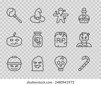 Set line Pumpkin basket for sweets, Christmas candy cane, Voodoo doll, Funny scary ghost mask, Lollipop, Eye jar, Skull and Zombie icon. Vector