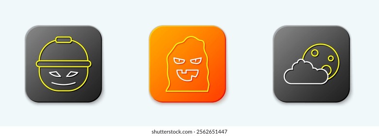 Set line Pumpkin basket for sweets, Funny and scary ghost mask and Moon stars icon. Vector