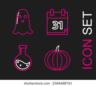 Set line Pumpkin, Bottle with potion, Calendar Halloween date 31 october and Ghost icon. Vector