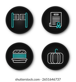 Set line Pumpkin, Burger, Declaration of independence and Saloon door icon. Vector