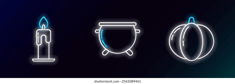 Set line Pumpkin, Burning candle and Halloween witch cauldron icon. Glowing neon. Vector