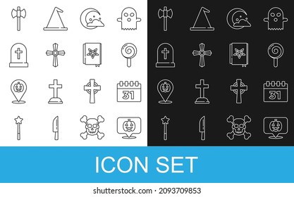Set line Pumpkin, Calendar with Halloween, Lollipop, Moon and stars, Tombstone cross, Wooden axe and Ancient magic book icon. Vector