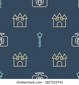 Set line Pumpkin, Castle and Magic wand on seamless pattern. Vector