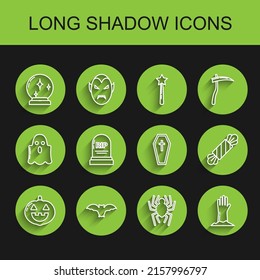 Set line Pumpkin, Flying bat, Magic ball, Spider, Zombie hand, Tombstone with RIP, Candy and Coffin christian cross icon. Vector