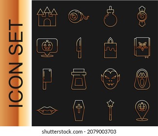 Set line Pumpkin, Funny and scary ghost mask, Ancient magic book, Bomb ready to explode, Knife, Castle and Burning candle icon. Vector