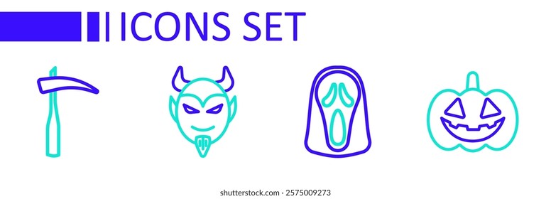 Set line Pumpkin, Funny and scary ghost mask, Devil head and Scythe icon. Vector