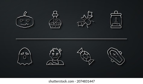 Set line Pumpkin, Ghost, Camping lantern, Candy, Zombie mask, Bottle with potion, Coffin cross and Flying bat icon. Vector