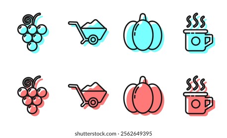 Set line Pumpkin, Grape fruit, Wheelbarrow with dirt and Cup of tea icon. Vector