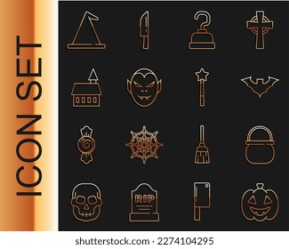 Set line Pumpkin, Halloween witch cauldron, Flying bat, Pirate hook, Vampire, Castle, Witch hat and Magic wand icon. Vector