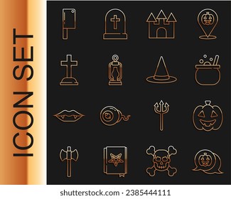 Fijar línea Calabaza, caldero de brujas de Halloween, Castillo, Linterna de camping, Piedra de la Tombra con cruz, Cuchillo de carne y icono de sombrero de bruja. Vector
