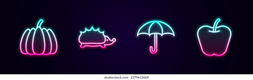 Fija la línea Calabaza, Hedgehog, Paraguas y Apple. Icono de neón brillante. Vector