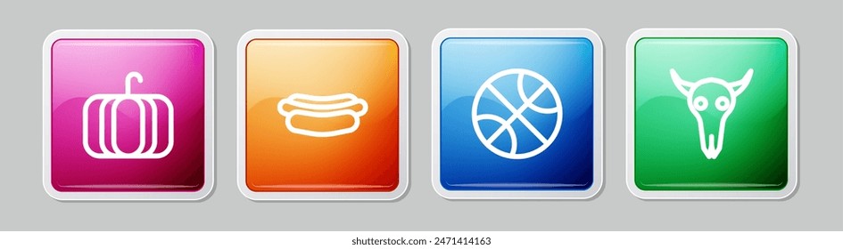 Set line Pumpkin, Hotdog sandwich, Basketball ball and Buffalo skull. Colorful square button. Vector