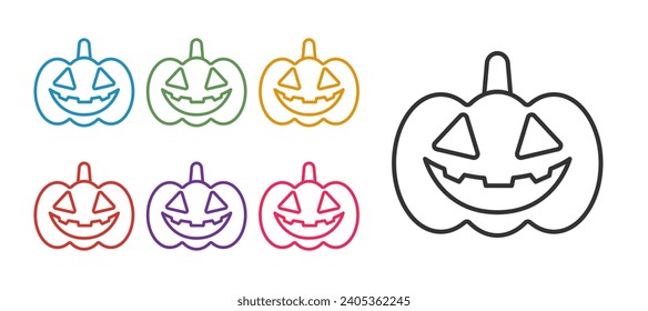 Establecer el icono de la calabaza de línea aislado en el fondo blanco. Feliz fiesta de Halloween. Indique los iconos en colores. Vector