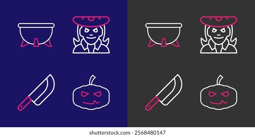 Set line Pumpkin, Knife, Witch and Halloween witch cauldron icon. Vector