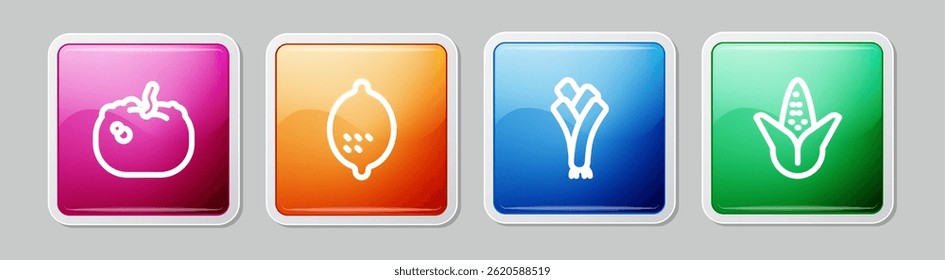 Set line Pumpkin, Lemon, Leek and Corn. Colorful square button. Vector
