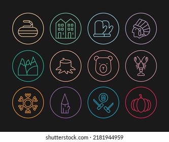 Set line Pumpkin, Lobster, Christmas mitten, Tree stump, Mountains, Stone for curling, Bear head and House icon. Vector