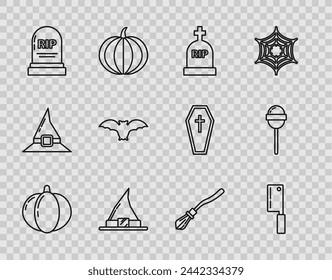 Set line Pumpkin, Meat chopper, Tombstone with RIP, Witch hat, Flying bat, Witches broom and Lollipop icon. Vector