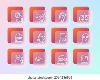 Set line Pumpkin, Moon and stars, Bottle with potion, Boo speech bubble, Voodoo doll, Funny scary ghost mask, Owl bird and Spider icon. Vector
