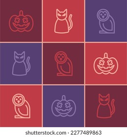 Set line Pumpkin, Owl bird and Black cat icon. Vector