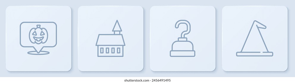 Set line Calabaza, Gancho de pirata, Castillo y Sombrero de bruja. Botón cuadrado blanco. Vector