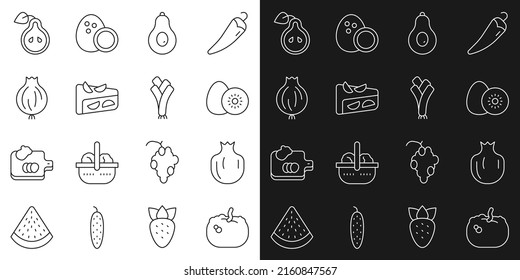 Set line Pumpkin, Pomegranate, Kiwi fruit, Avocado, Homemade pie, Garlic, Pear and Leek icon. Vector