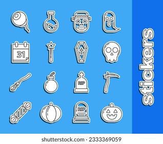 Set line Pumpkin, Scythe, Skull, Zombie mask, Magic wand, Calendar with Halloween date 31 october, Eye and Coffin christian cross icon. Vector