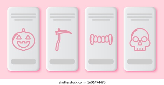 Set line Pumpkin , Scythe , Vampire teeth  and Skull . White rectangle button. Vector
