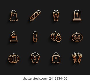 Set line Pumpkin, Skull, Ghost, Spider, Bottle with potion,  and and skull icon. Vector