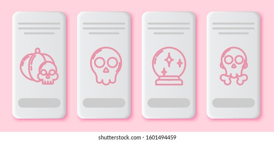 Set line Pumpkin and skull , Skull , Magic ball  and Skull on crossbones . White rectangle button. Vector