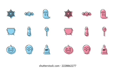 Set line Pumpkin, Skull, Spider web, Tombstone with RIP, Bottle potion, Lollipop, Halloween witch cauldron and Candy icon. Vector
