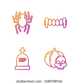 Set line Pumpkin and skull , Tombstone with RIP, Spider  and Vampire teeth . Gradient color icons. Vector