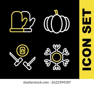 Set line Pumpkin, Snowflake, Curling sport game and Christmas mitten icon. Vector
