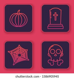 Set line Pumpkin , Spider web , Tombstone with cross  and Skull on crossbones . Blue square button. Vector