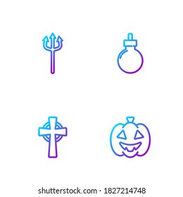 Kürbis, Tombstone mit Kreuz, Neptun-Trident und Bombe bereit explodieren. Farbsymbole. Vektorgrafik