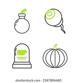 Set line Pumpkin, Tombstone with RIP, Eye and Bomb ready explode icon. Vector