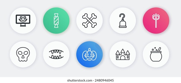 Set line Pumpkin, Trident devil, Skull, Castle, Pirate hook, Crossed bones, Halloween witch cauldron and Vampire teeth icon. Vector