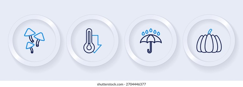 Set Linie Kürbis, Regenschirm und Regentropfen, Thermometer und Pilz Symbol. Vektorgrafik